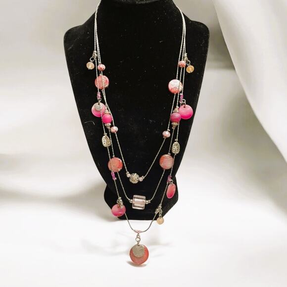 Vintage Multi-Strand Silver & Shades of Pink Beaded Necklace - Picture 1 of 7